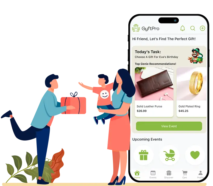 Man giving a gift to a woman holding a child beside a GyftPro app screen